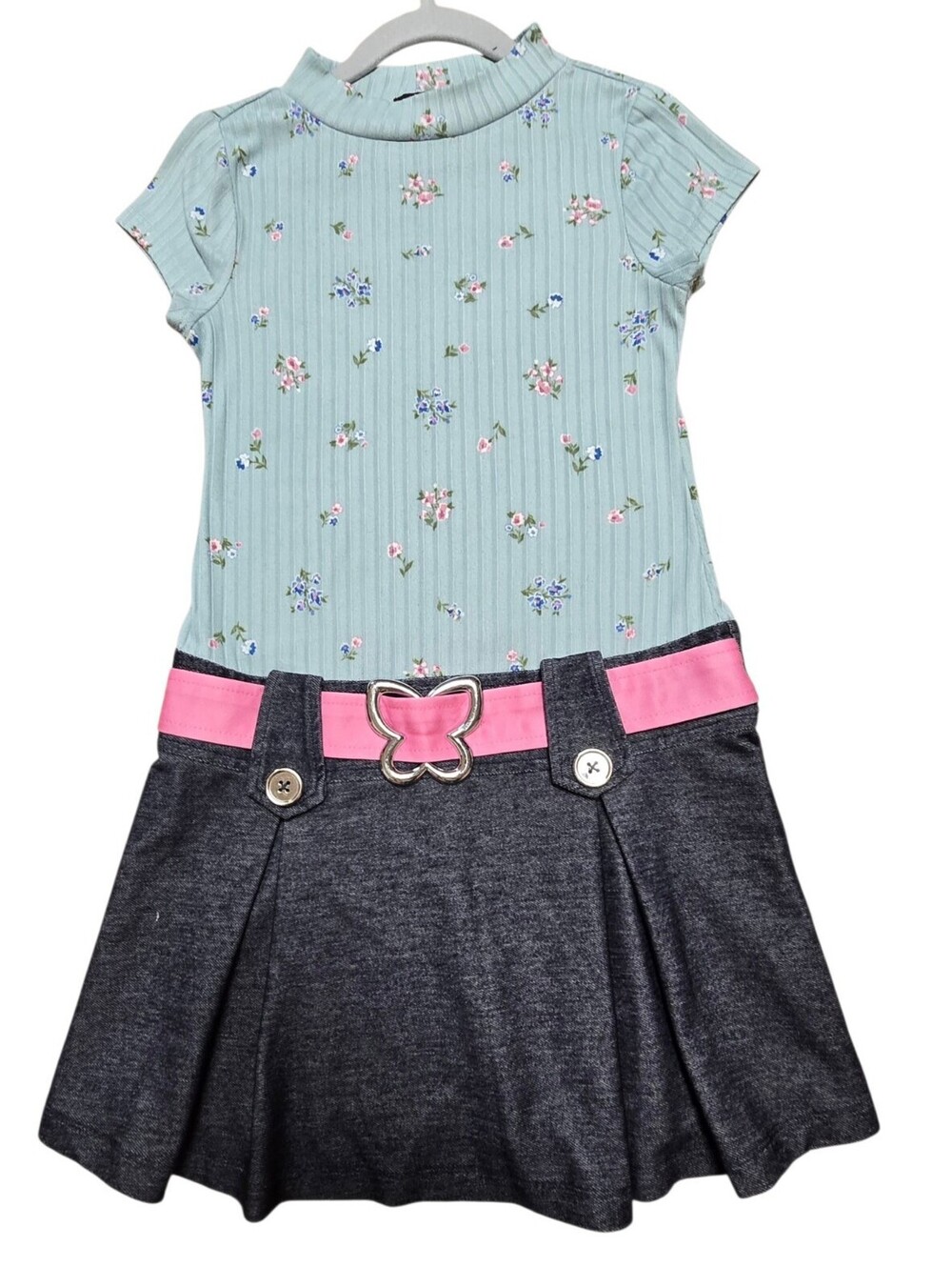 Lilt Girls Size 7/8 Floral Dress Blue Pink Butterfly Belt Pleated Skirt